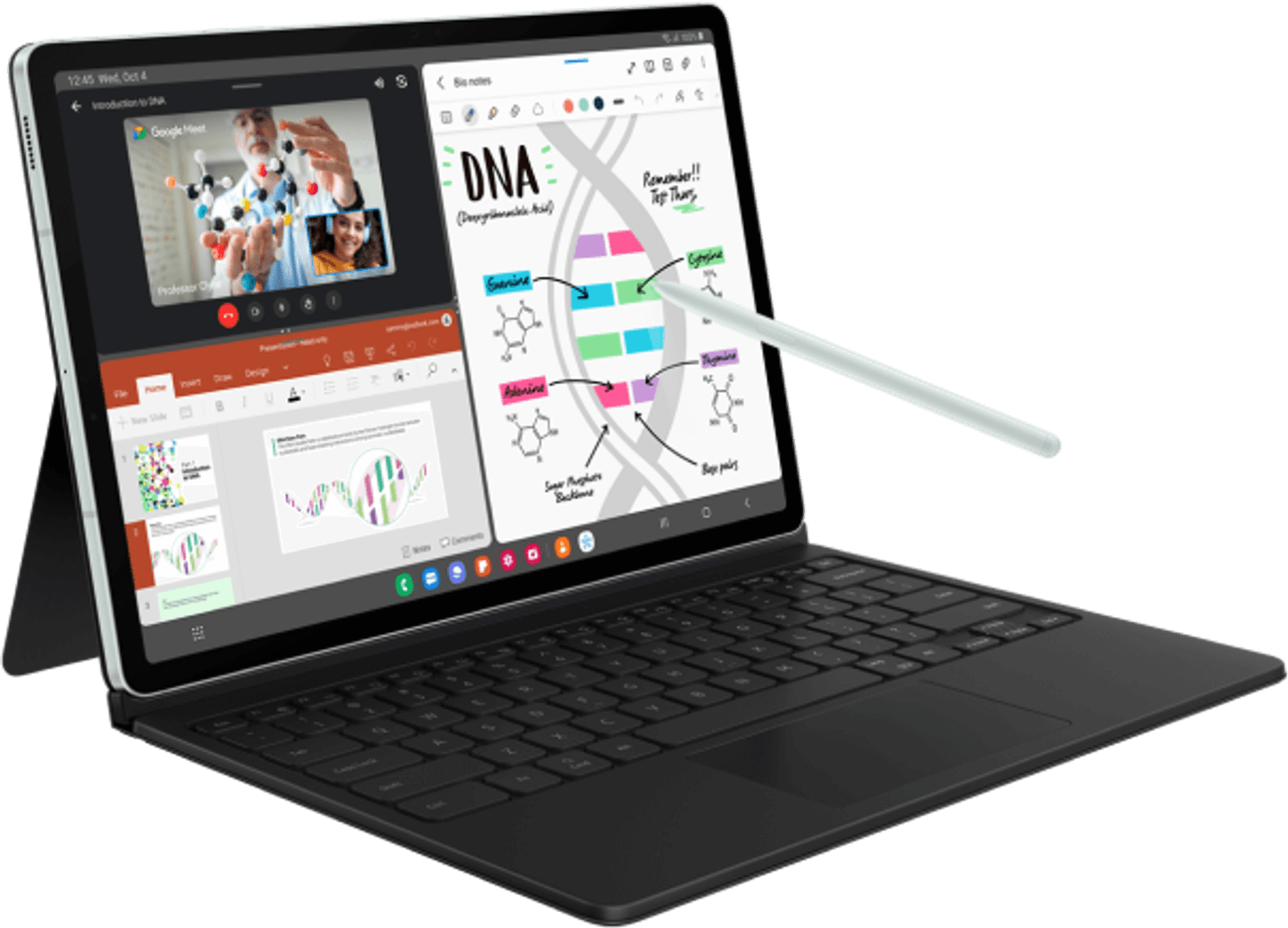 Tablet sitting on the foldable case showcasing the S Pen drawing on a a screen with multiple windows.