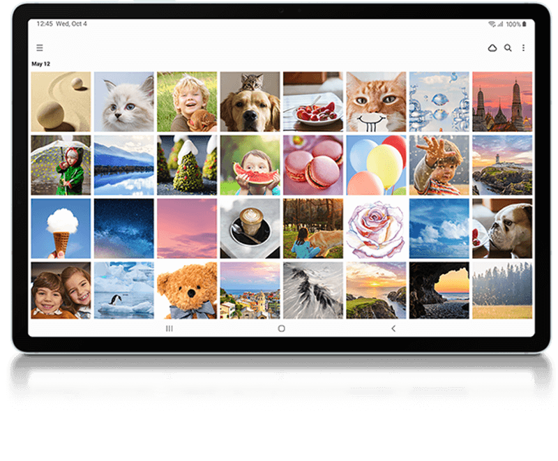 Photo of the Galaxy tablet with gallery app open showing many pictures in a grid layout.
