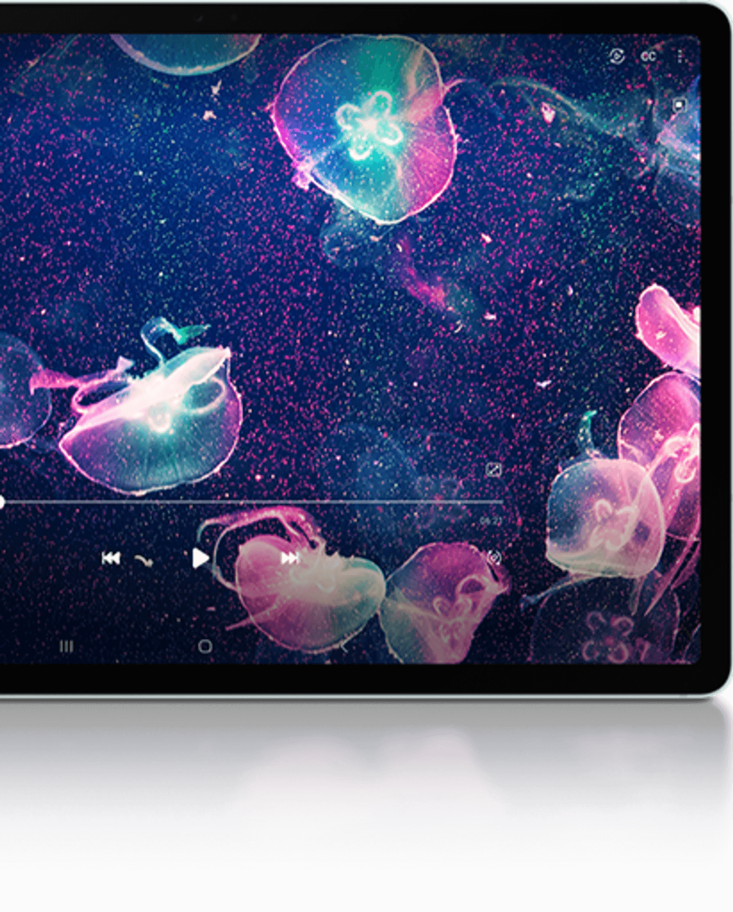 Galaxy Tab with a picture of jellyfishes on a galaxy background.