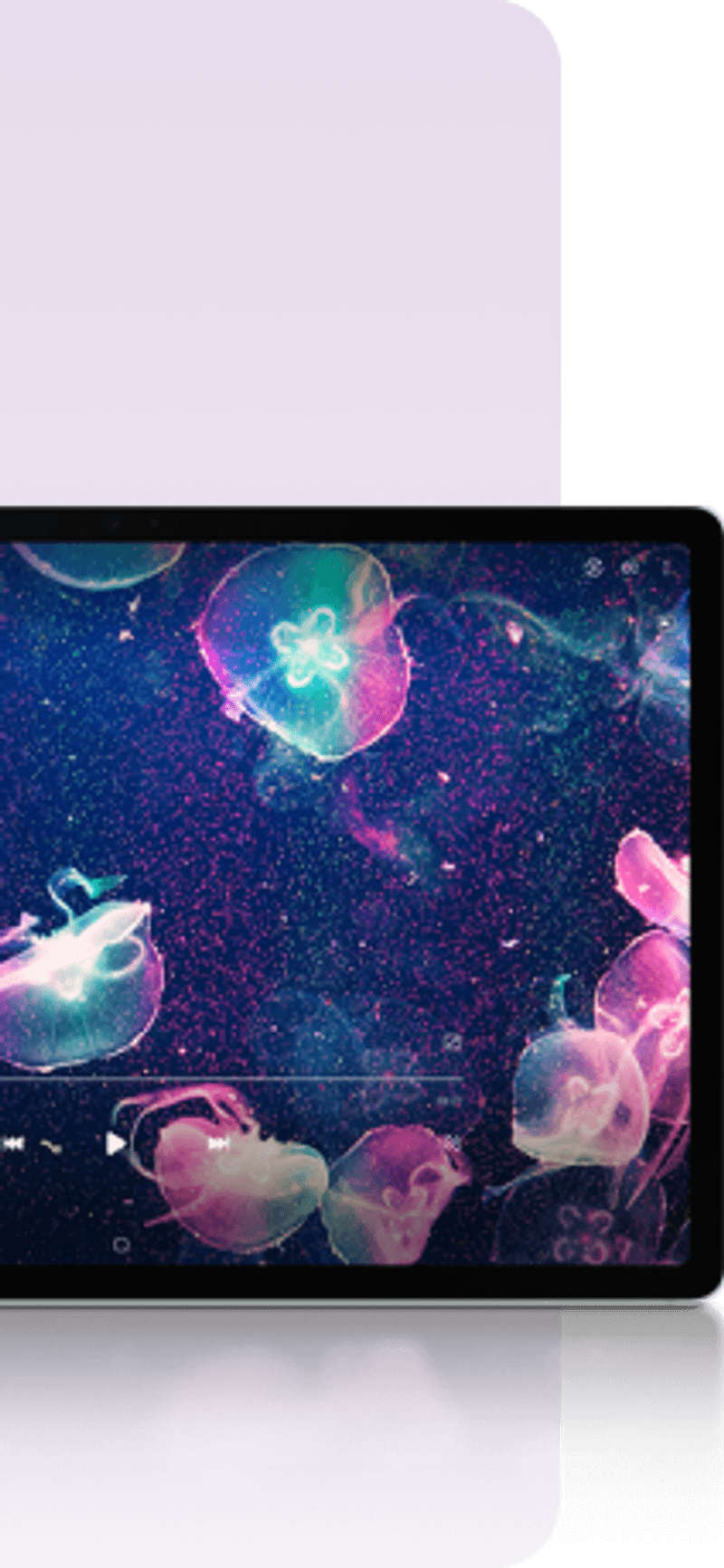 Galaxy Tab with a picture of jellyfishes on a galaxy background.