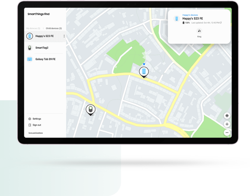 Galaxy Tab S9 having on the screen SmartThings Find app with 2 pointers.