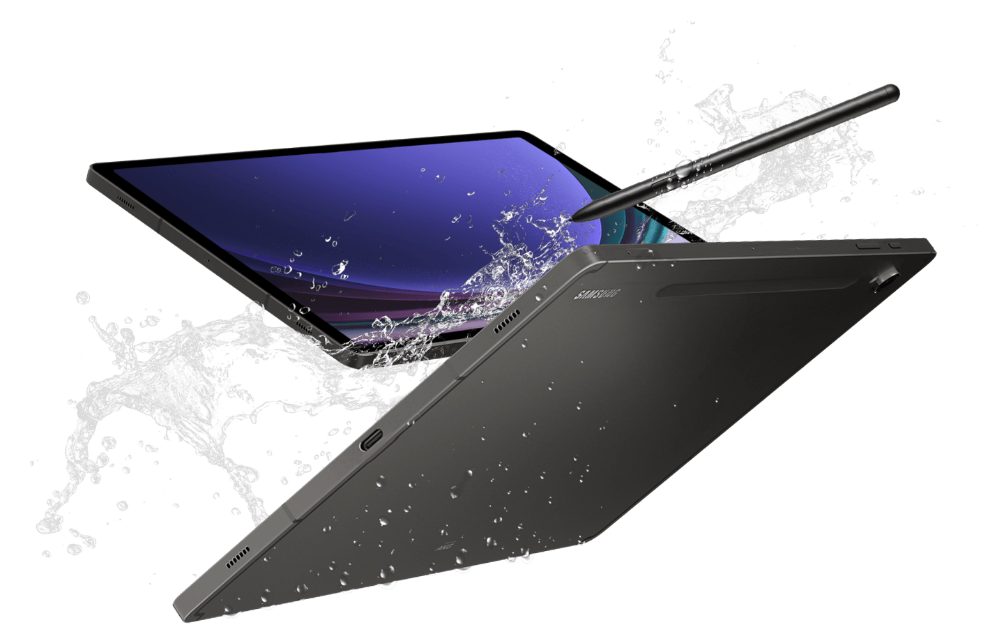 Tab S9 and S Pen covered in water splashes