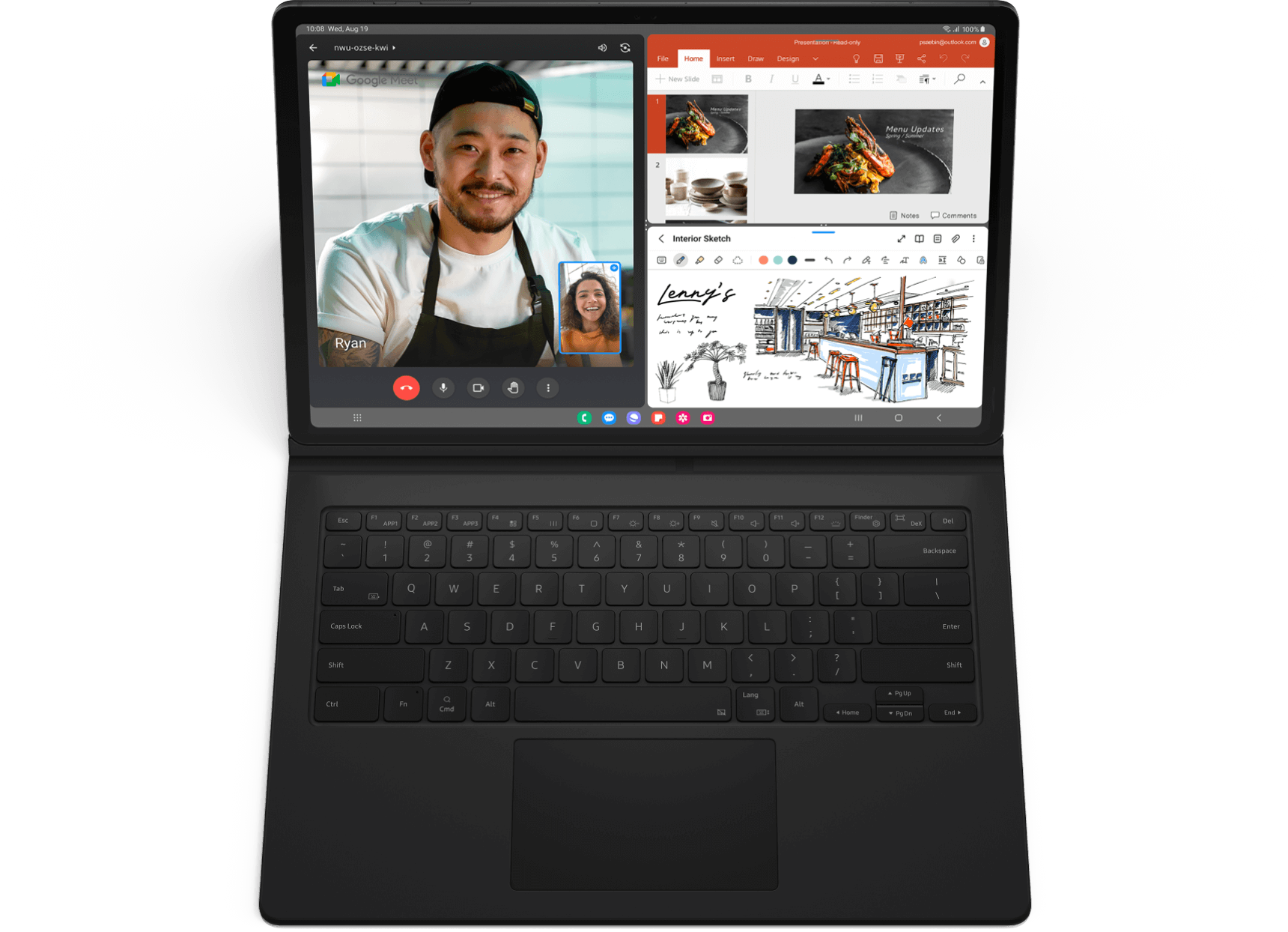 Tab S9 in keyboard case demonstrating multiple apps open at once on screen