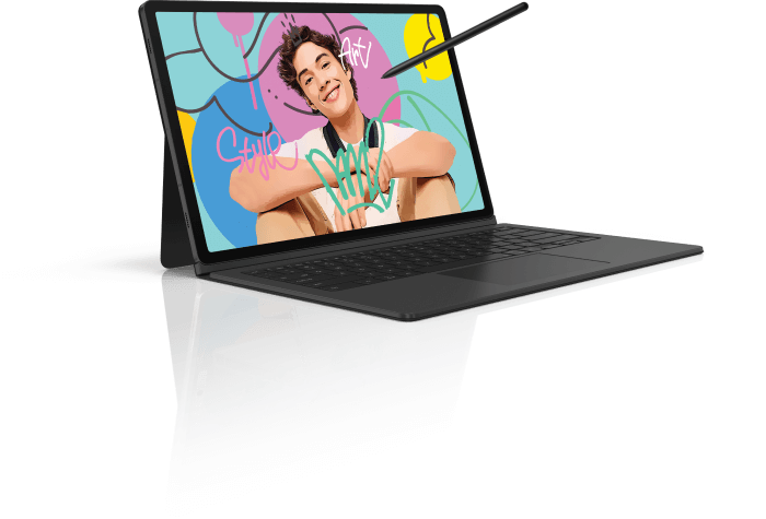 Galaxy Tab S9 and keyboard case demonstrating a drawing app with S Pen