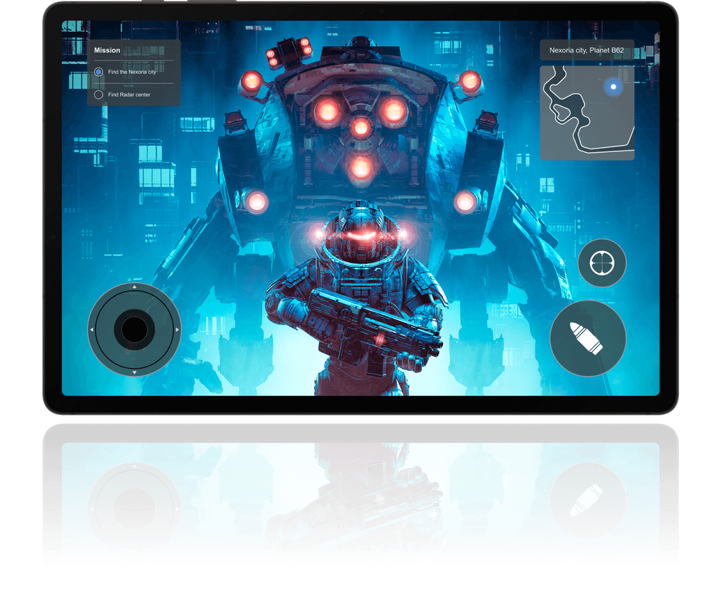 Bright video game footage on a Galaxy Tab S9 of a man in spacesuit standing infront of a mech-suit