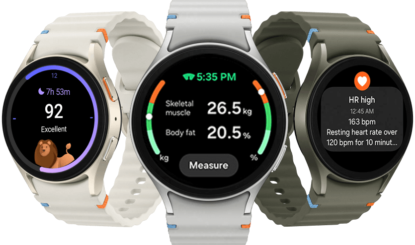 Three galaxy watches each displaying a different activity tracker.