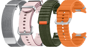 A range of watch straps of different colours which contains gray, pink, black and orange straps