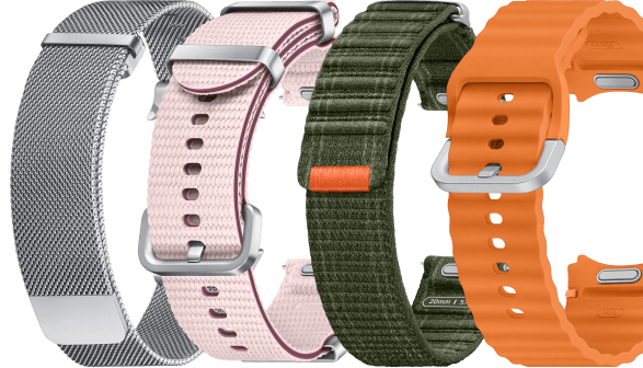 A range of watch straps of different colours which contains gray, pink, black and orange straps