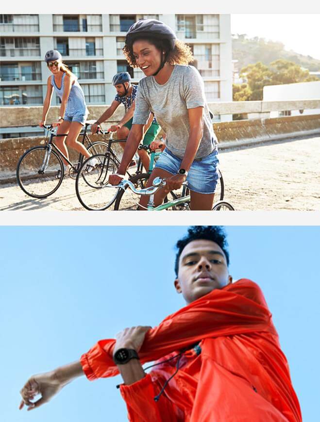 A person cycling and a person stretching while wearing Samsung Galaxy Watch4