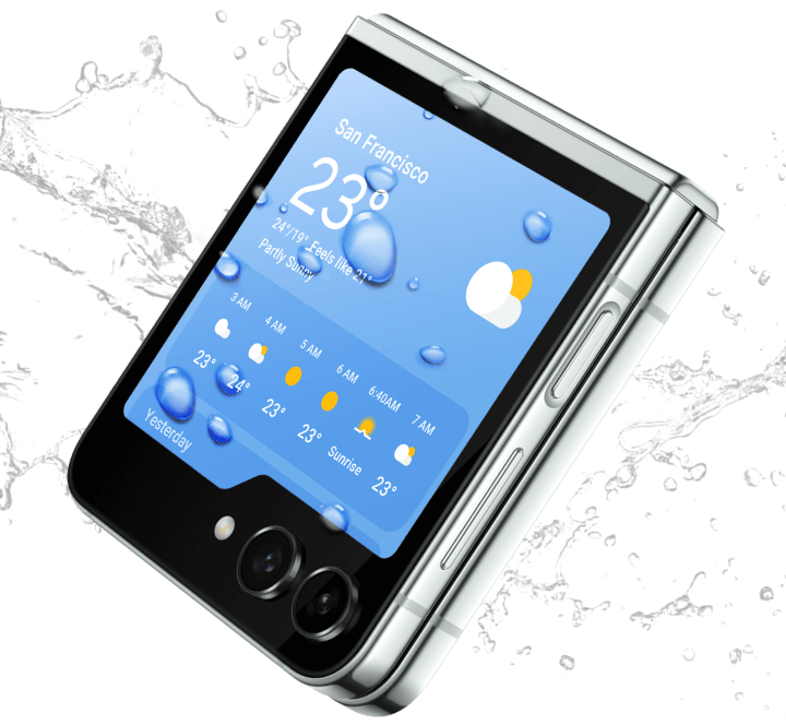 A Galaxy Z Flip5 covered in water droplets