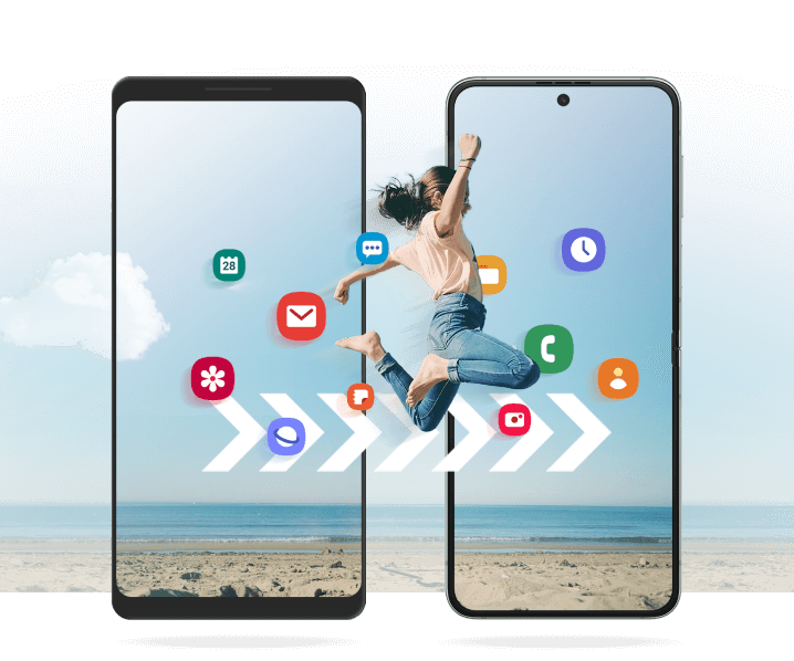 Two mobile phones with illustrated icons and a woman jumping from screen to screen to illustrate moving your contents from one device to another.