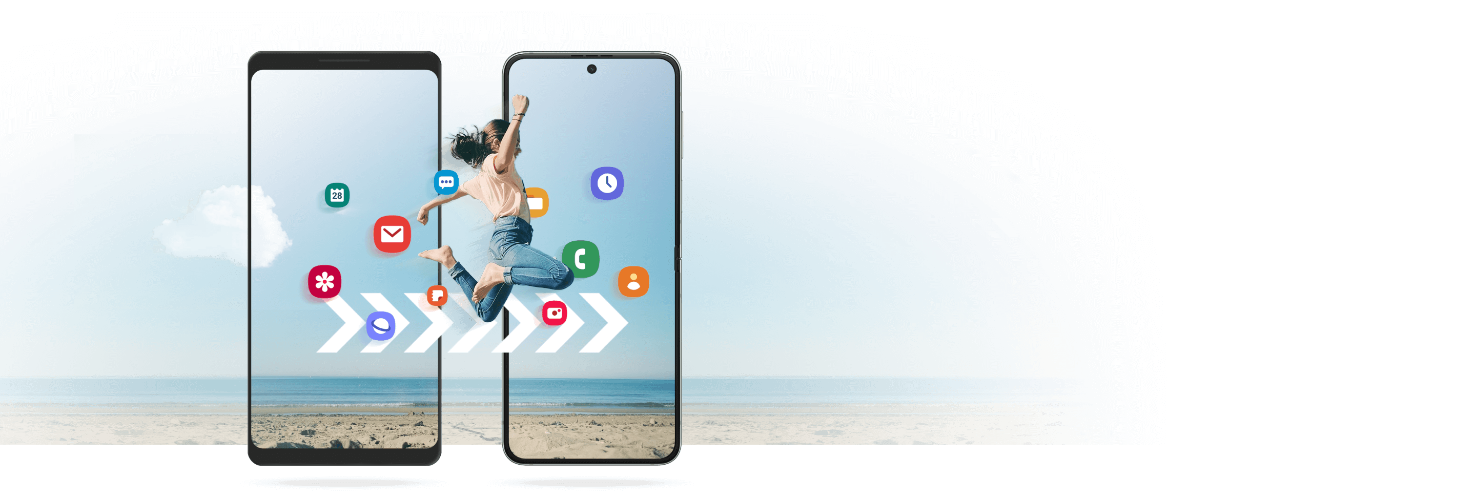 Two mobile phones with illustrated icons and a woman jumping from screen to screen to illustrate moving your contents from one device to another.