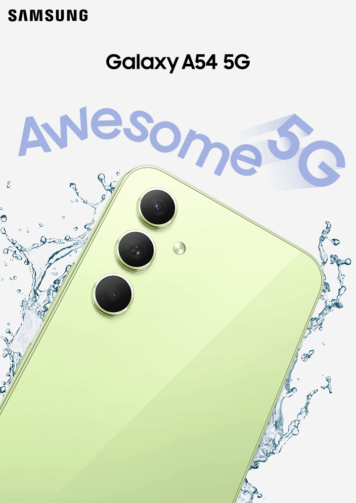 Green A54 device labeled 'Awesome 5G' with a water splash behind it