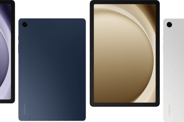 4 tab A9+ devices in a row 2 of them displaying the back of the device ( colour Navy & Silver ) and the other 2 the front.
