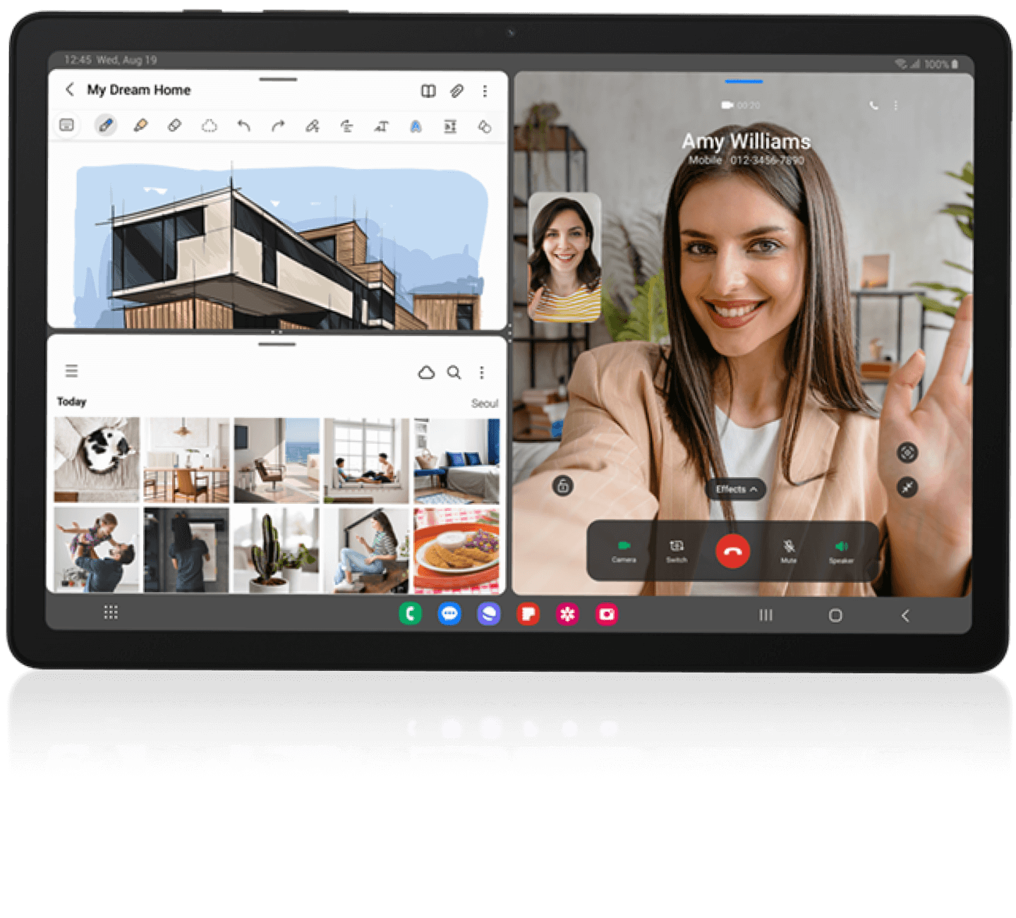 2 people having a video call with one of them waving on the right side while on the left we see a design labeled 'My dream home' on the tab device.