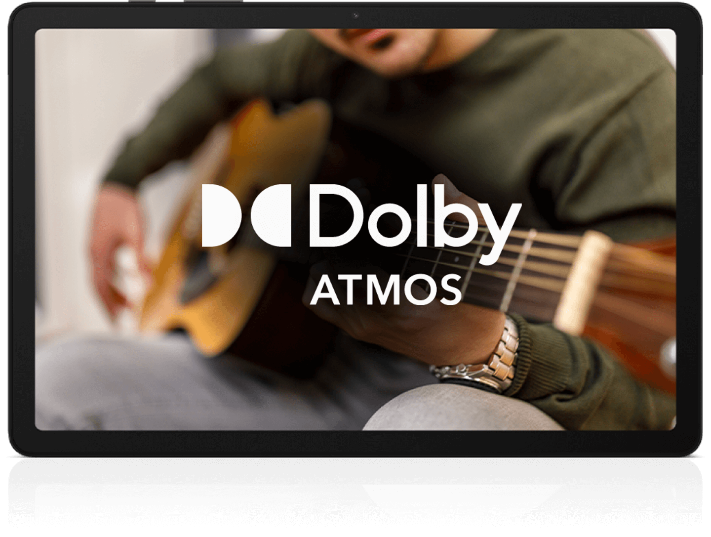 a person holding a guitar & the logo of Dolby Atmos showcasing the rich sound of the device.