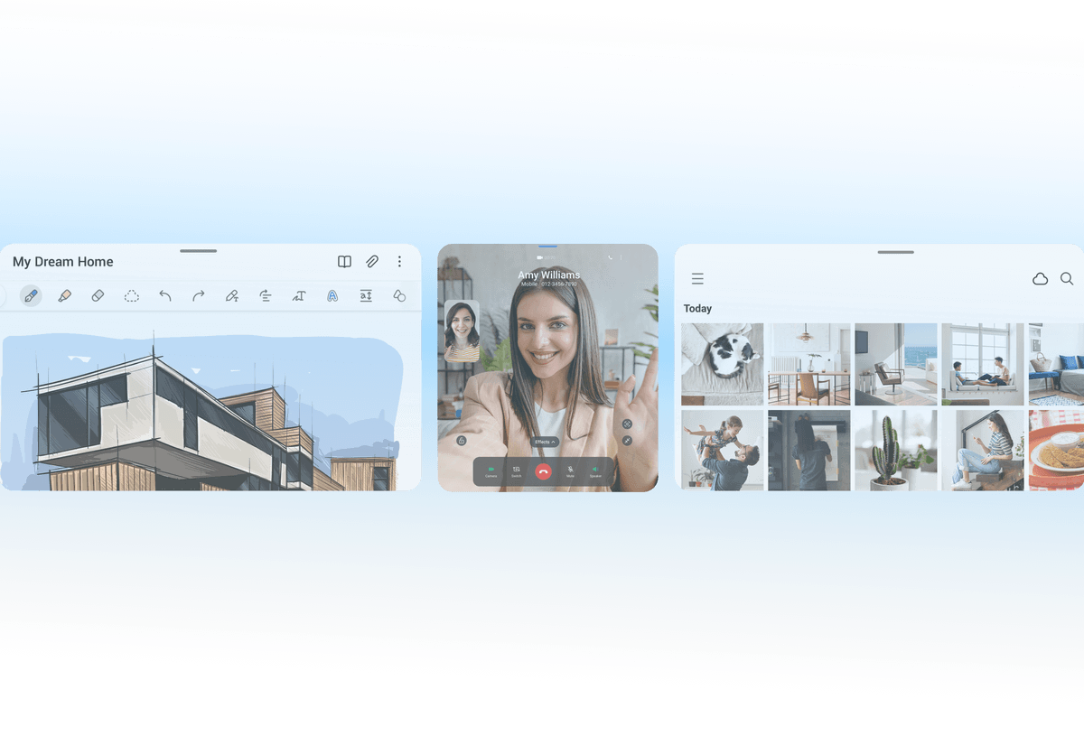 2 people having a video call with one of them waving on the right side while on the left we see a design labeled 'My dream home'.