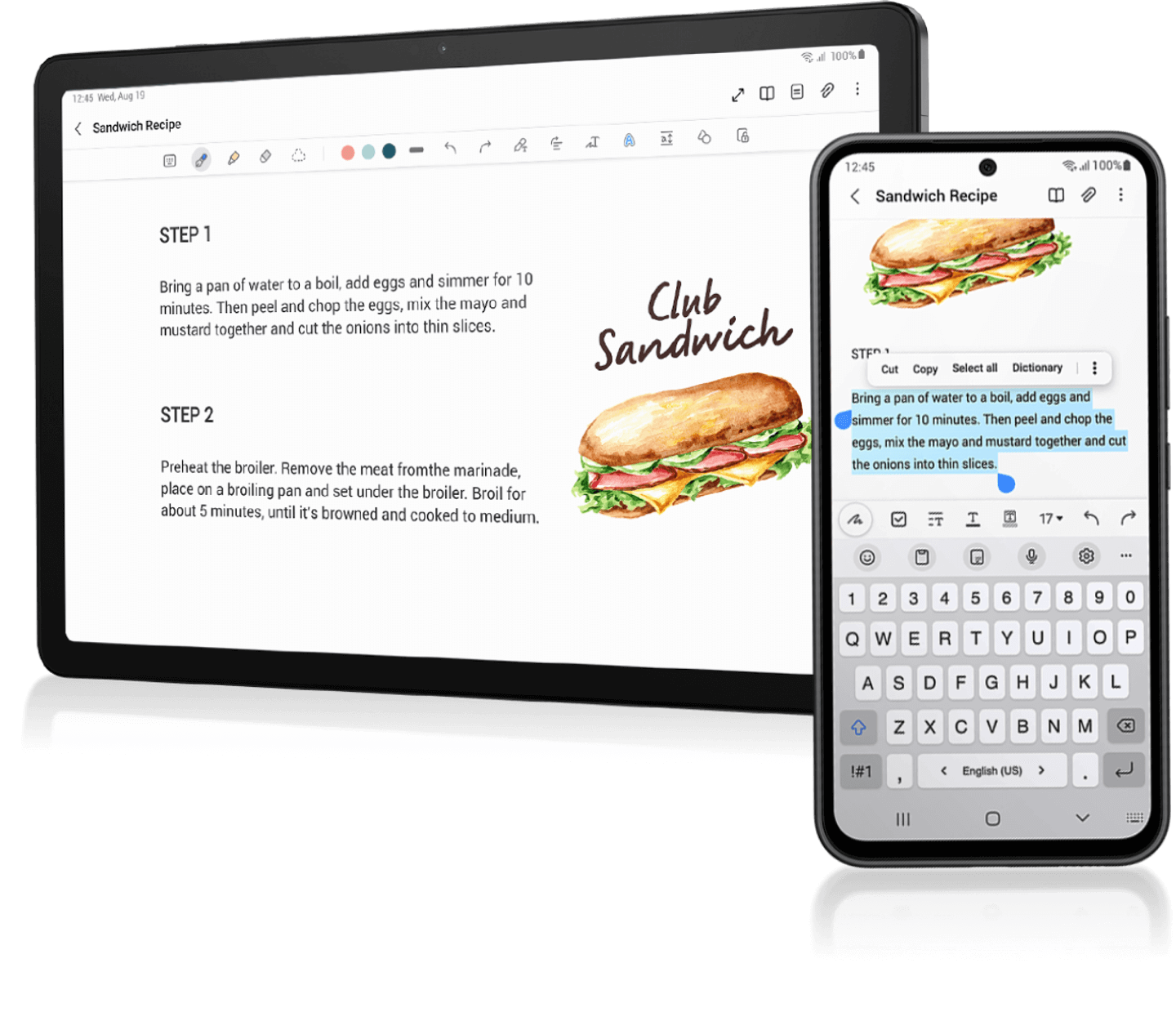 2 devices with one of them in landscape displaying the steps to make a club sandwich where the other one copying the first step.
