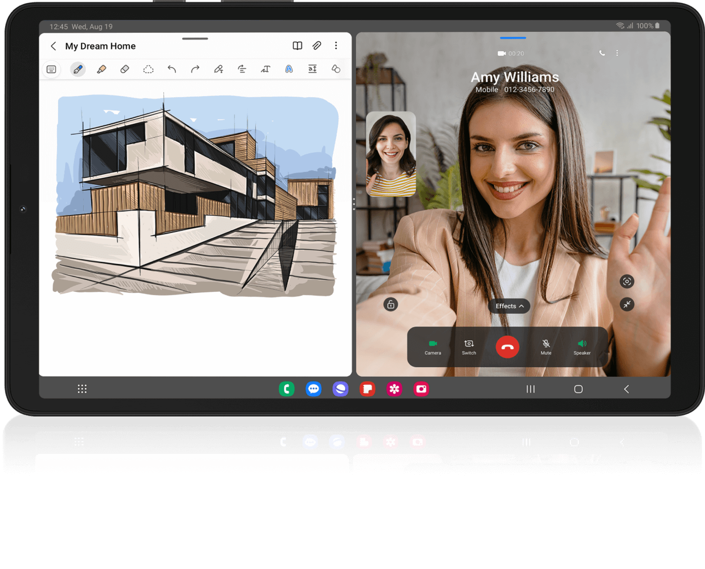 2 people having a video call with one of them waving on the right side while on the left we see a design labeled 'My dream home' on the tab device.