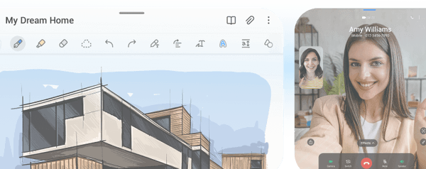 2 people having a video call with one of them waving on the right side while on the left we see a design labeled 'My dream home'.
