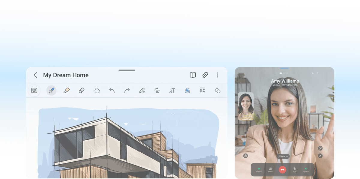 2 people having a video call with one of them waving on the right side while on the left we see a design labeled 'My dream home'.