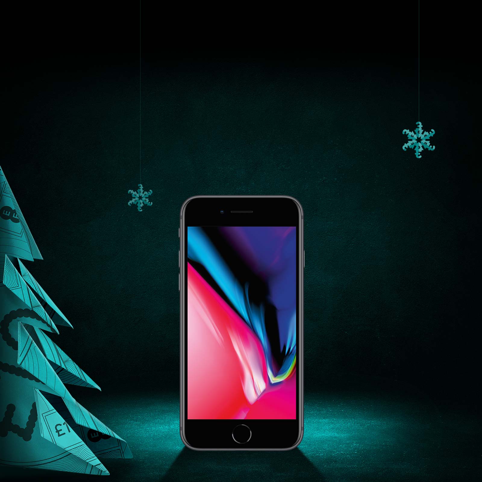 iPhone 8 on a aqua and black background