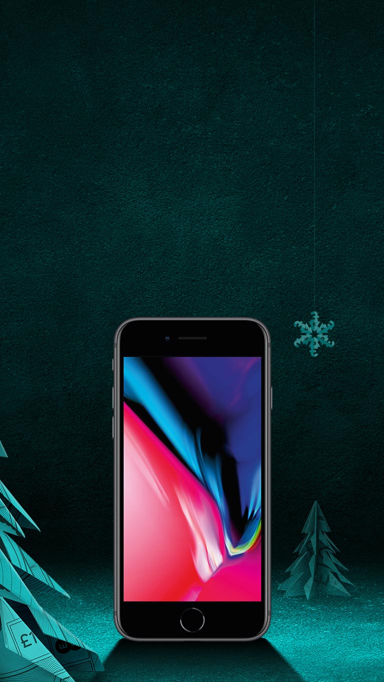 iPhone 8 on a aqua and black background