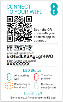 image of settings card taken out of the back of the hub. WiFi settings and QR code located on inside face