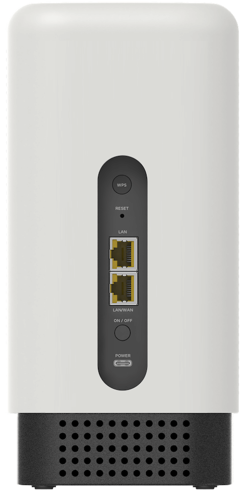 Image of back of the hub zoomed-in on the ports/connectors. Description of each port follows listed from top to bottom  when looking at the back of the Hub) Braille is positioned to the right of the sockets, except for the Reset button at the bottom of the panel where Braille is on the right.