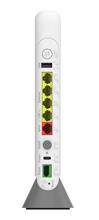 Image of back of the Hub zoomed-in on the ports/connectors. Description of each port follows listed from top to bottom  when looking at the back of the Hub) Braille is positioned to the right of the sockets, except for the Reset button at the bottom of the panel where Braille is on the right.