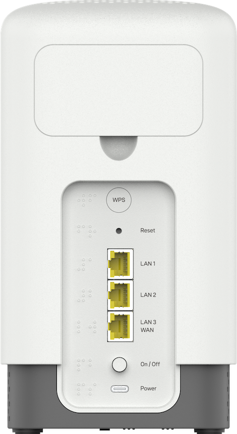 Image of back of the hub zoomed-in on the ports/connectors. Description of each port follows listed from top to bottom  when looking at the back of the Hub) Braille is positioned to the right of the sockets, except for the Reset button at the bottom of the panel where Braille is on the right.