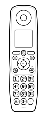 Image of phone handset. Slim and slightly curved, about the size of a TV remote control with buttons on top. Remove protection sleeve before setting up.