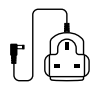 Power supply. Small box with 3-PIN UK plug and a cable with the power connector at the end