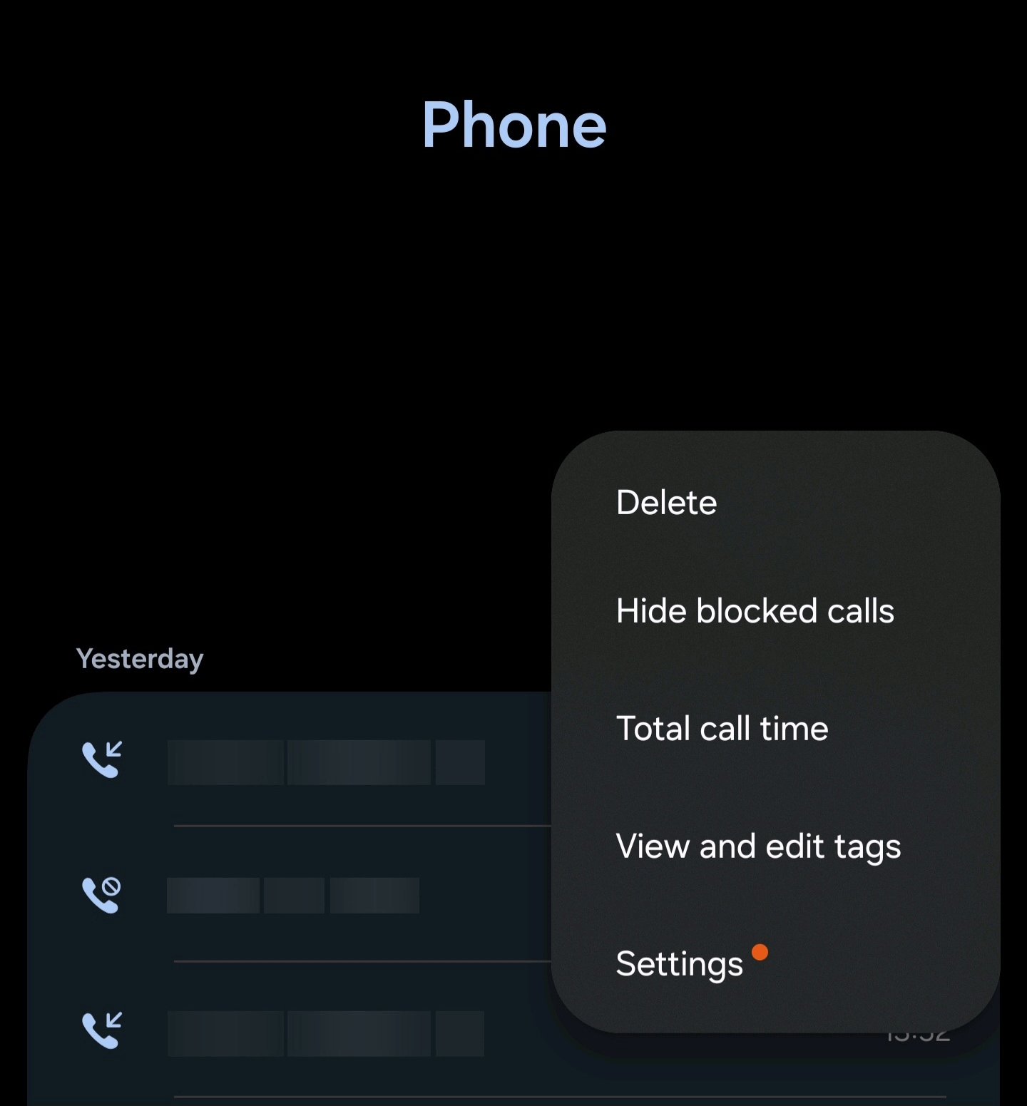 Settings option within Samsung dialler