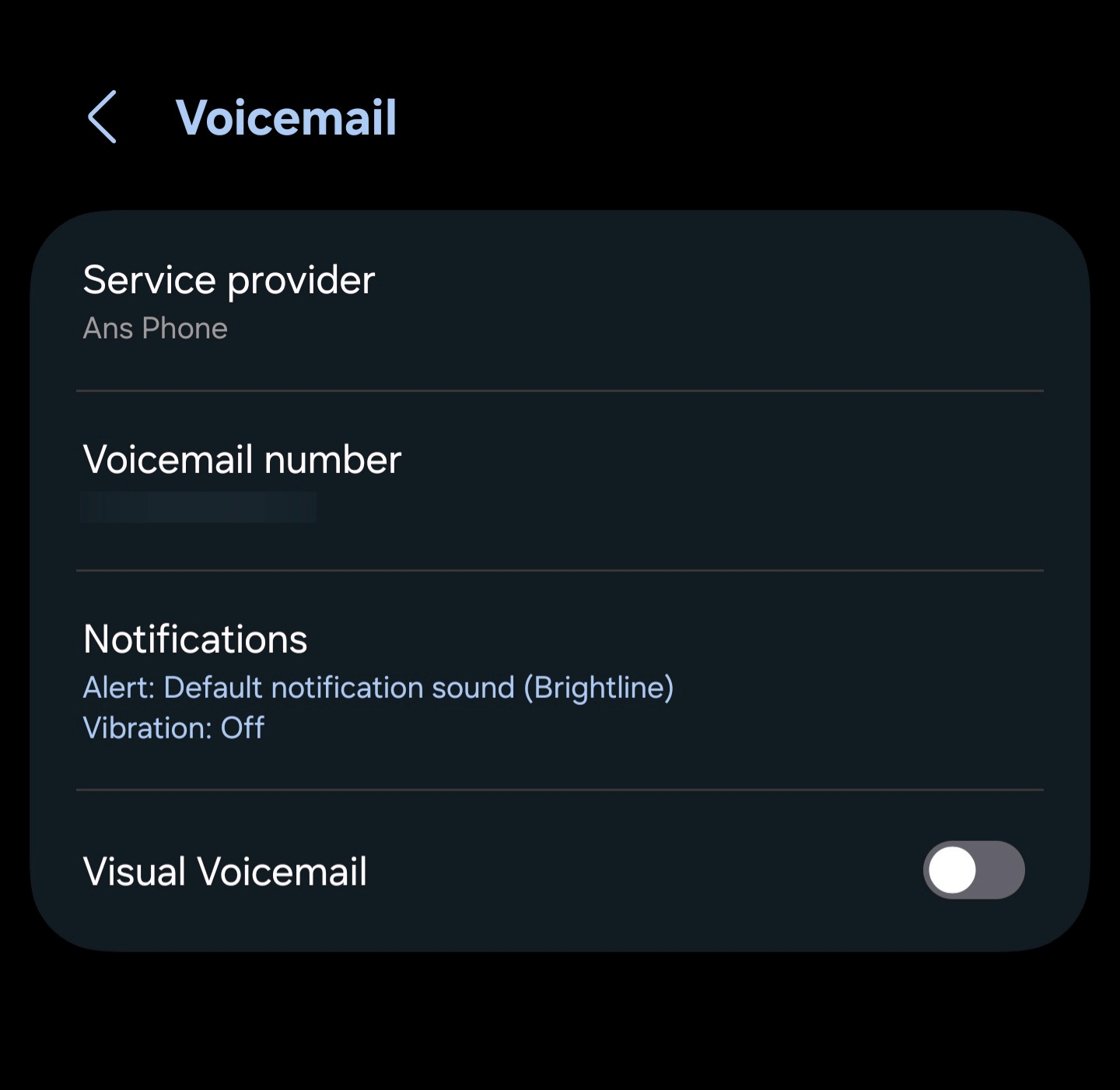 Visual Voicemail toggled off