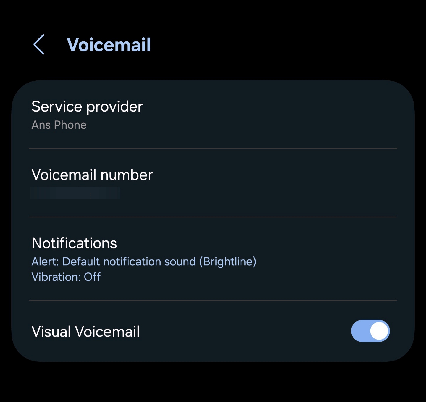 Visual Voicemail toggled on