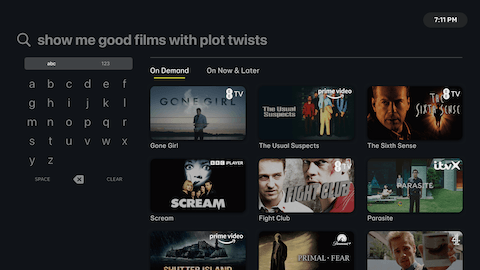 Image of EE TV app Smart Search with a prompt for good films with plot twists