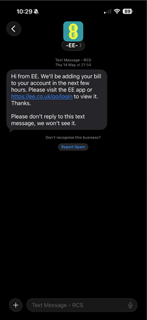 Example of an RCS message conversation showing a branded message with images and interactive reply options