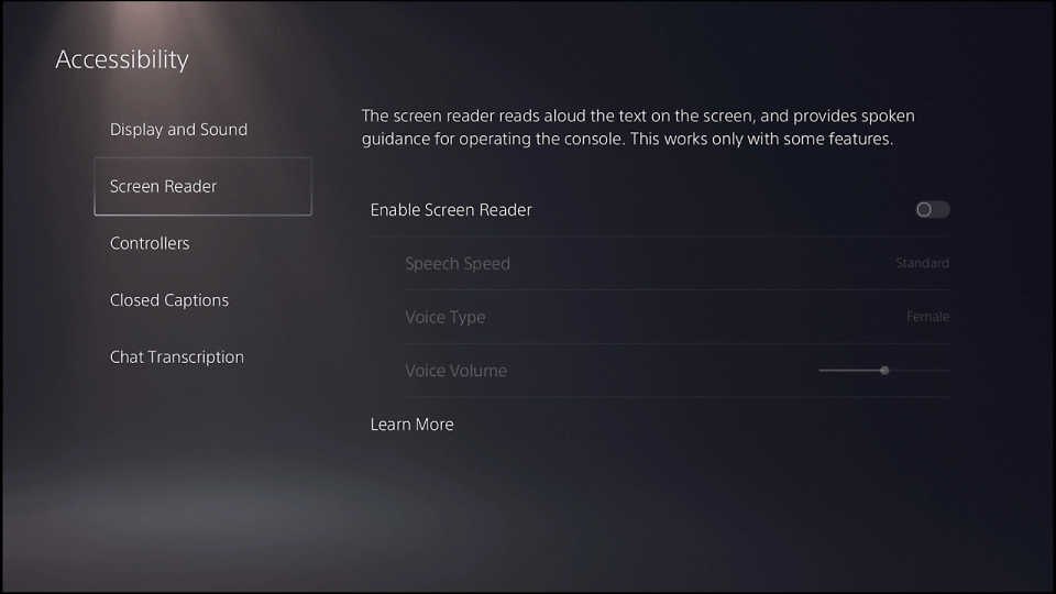Screen reader preferences in the PlayStation settings menu