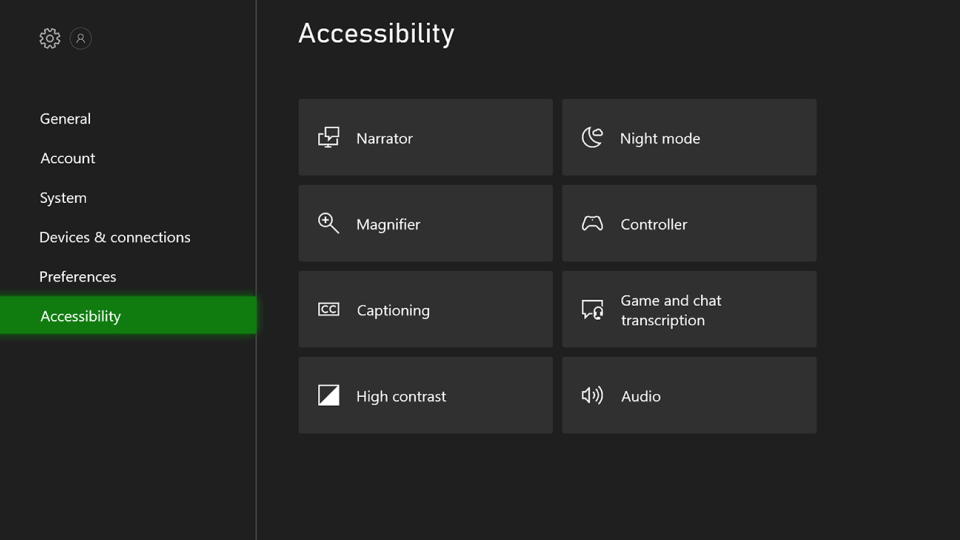The accessibility section in Xbox features