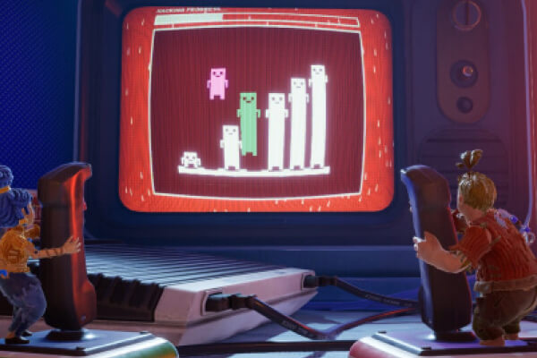 Two small video game characters playing a video game