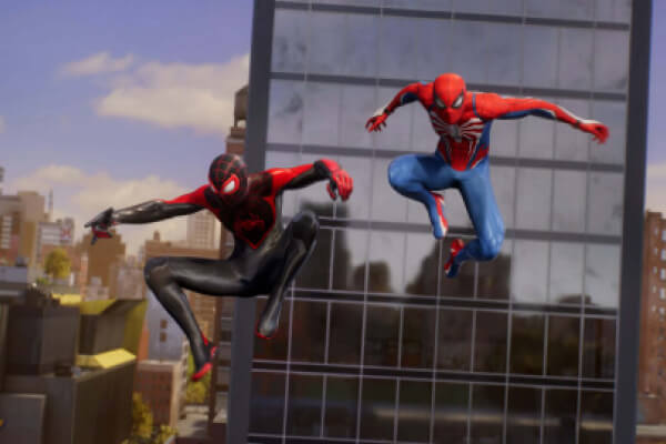 Spider Man and Miles Morales swinging between buildings 
