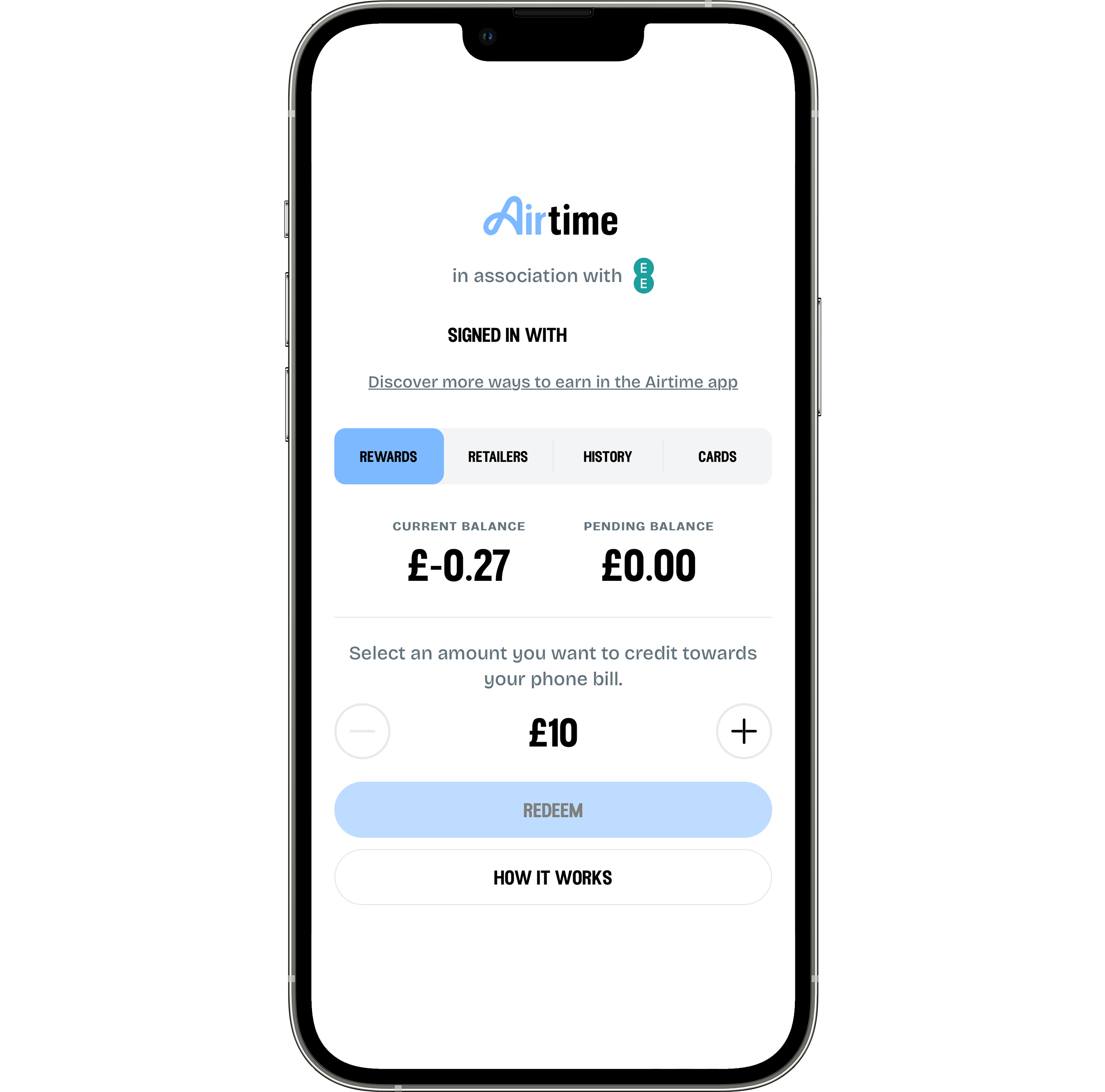 EE app Airtime balance screen